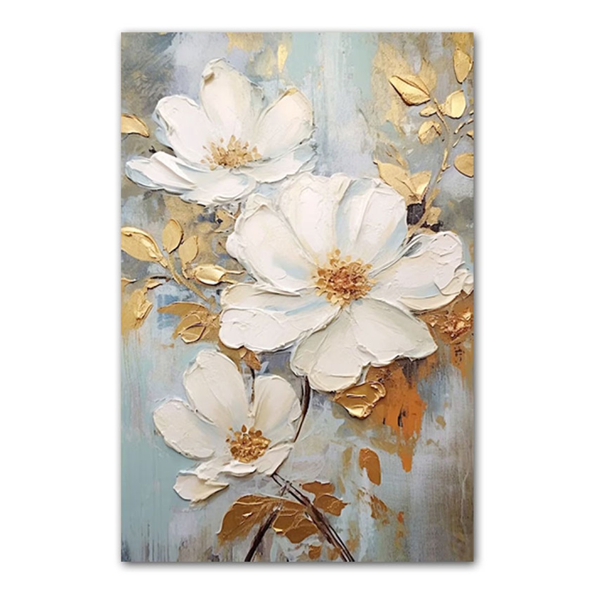 White Flowers with Gold Leaves 3d Heavy Textured Partial Oil Painting